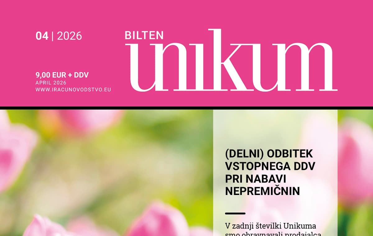 Naslovnica strokovnega biltena Unikum za april 2026 z izpostavljeno temo delnega odbitka vstopnega DDV pri nabavi nepremičnin na rožnatem ozadju