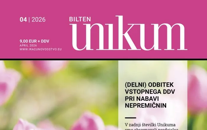 Naslovnica strokovnega biltena Unikum za april 2026 z izpostavljeno temo delnega odbitka vstopnega DDV pri nabavi nepremičnin na rožnatem ozadju
