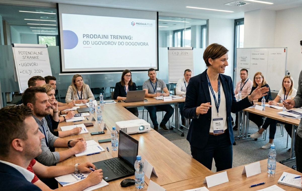 Skupina udeležencev na prodajnem treningu, kjer trener v navy blazerju z lanyard-om predstavlja tehnike prodaje. V ozadju je zaslon s predstavitvijo in flipchart.